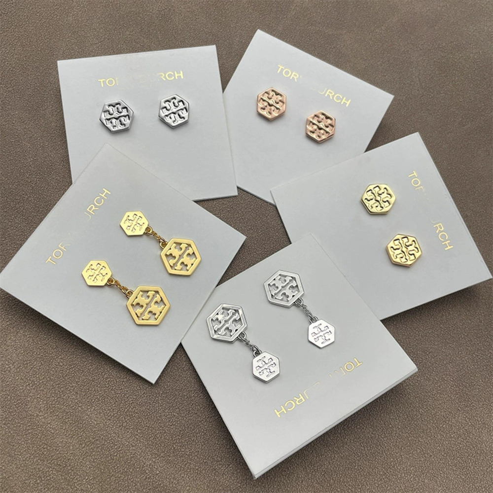 Tory Burch Metal Stud Drop Earrings Hollow Letter Geometric Hexagon